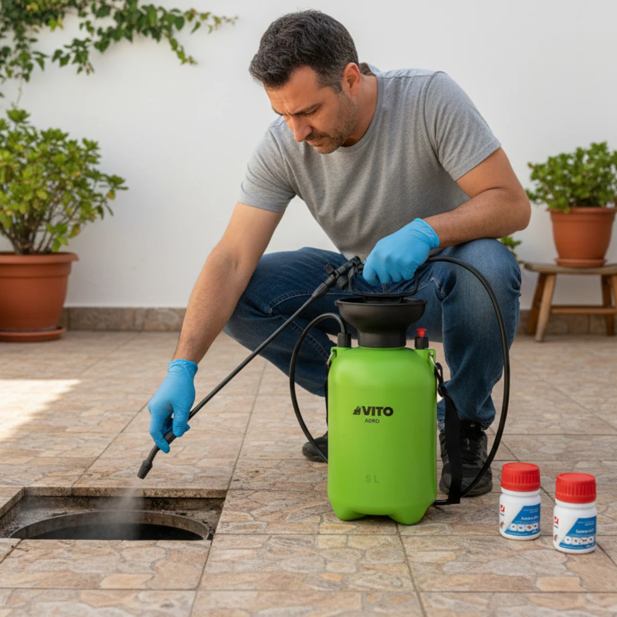 homem aplicar draker para baratas grandes esgoto