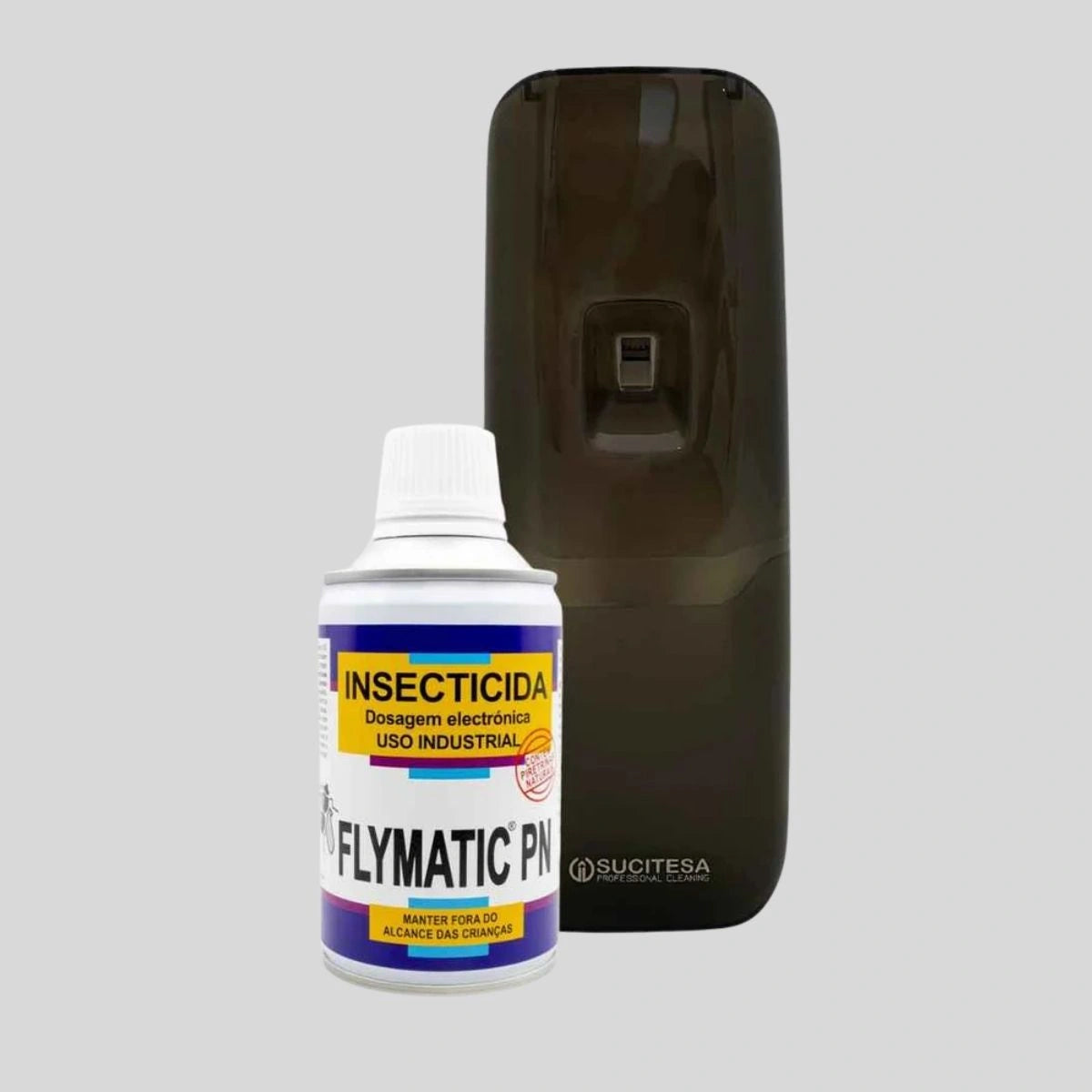 inseticida FlyMatic e doseador preto contra moscas